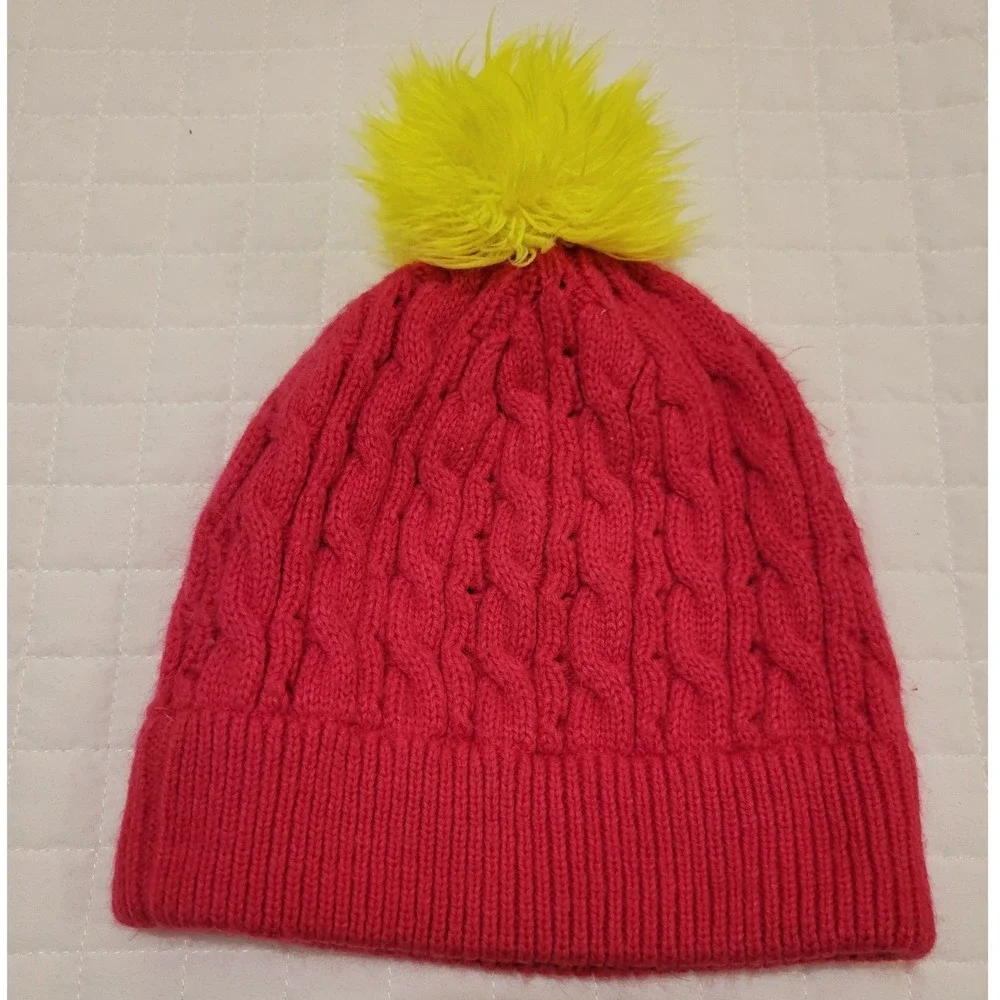 Nike Girls Size 4/6X Hot Pink Cable Knit Beanie Yellow Pom Pom Hat Barbiecore